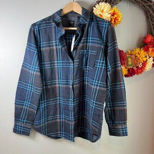 prAna Womens Golden Canyon Flannel SMALL in Stormy Night Organic Cotton